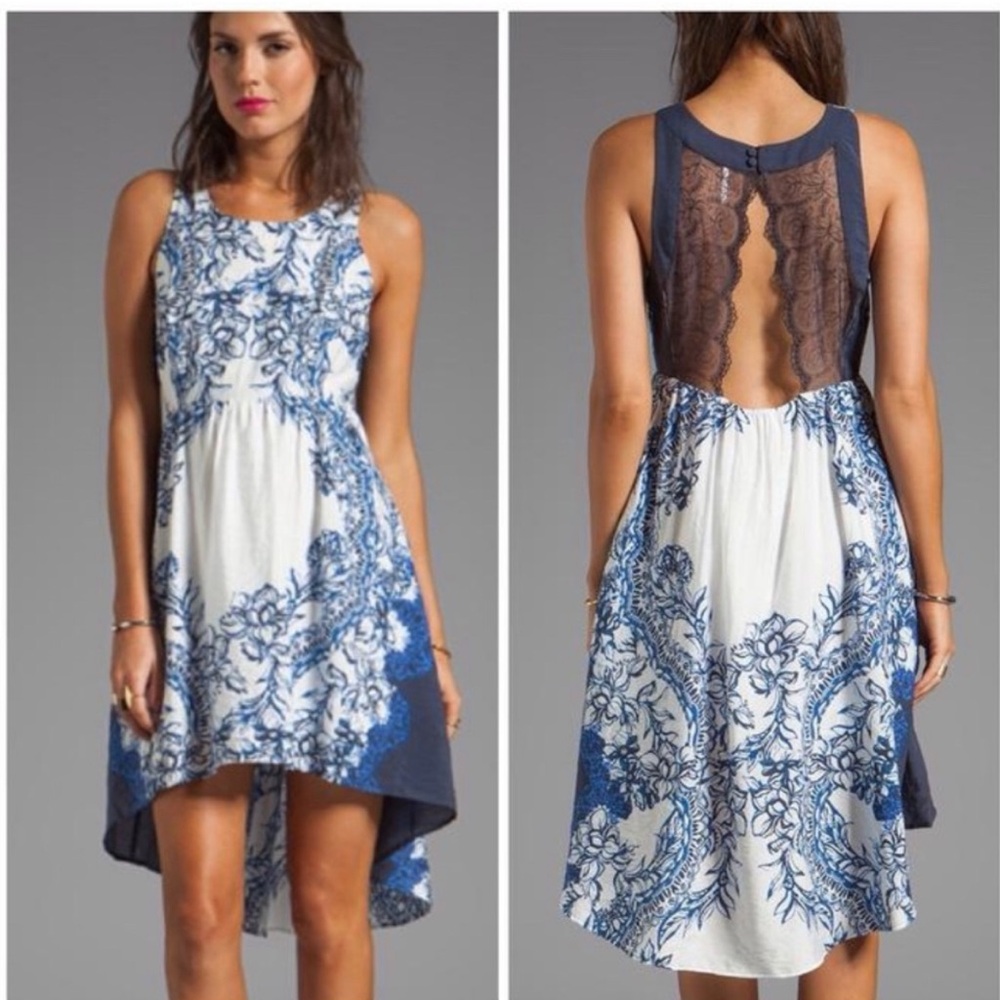 Free People S Russian Plate Dress Hi-Low Hem Blue Lace Back Boho, Empire Waist